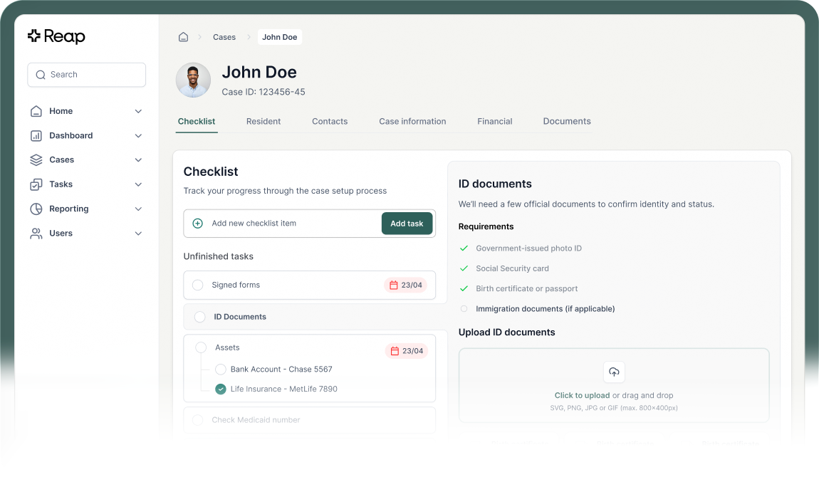 The Reap dashboard: a resident case with its checklist and AI document review